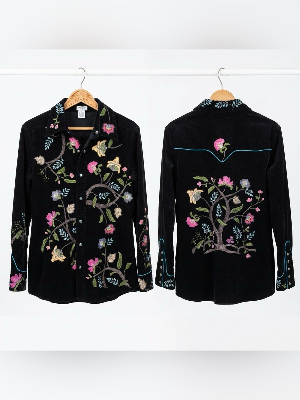 Tasha Polizzi Black Corduroy Pearl Snap Western Floral Embroidery button down